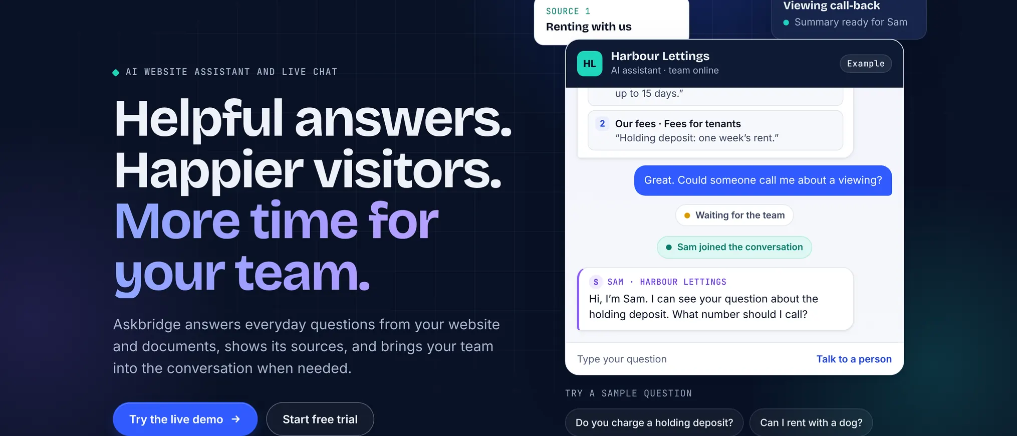 Askbridge homepage: the headline beside an example chat with numbered sources and a team member joining