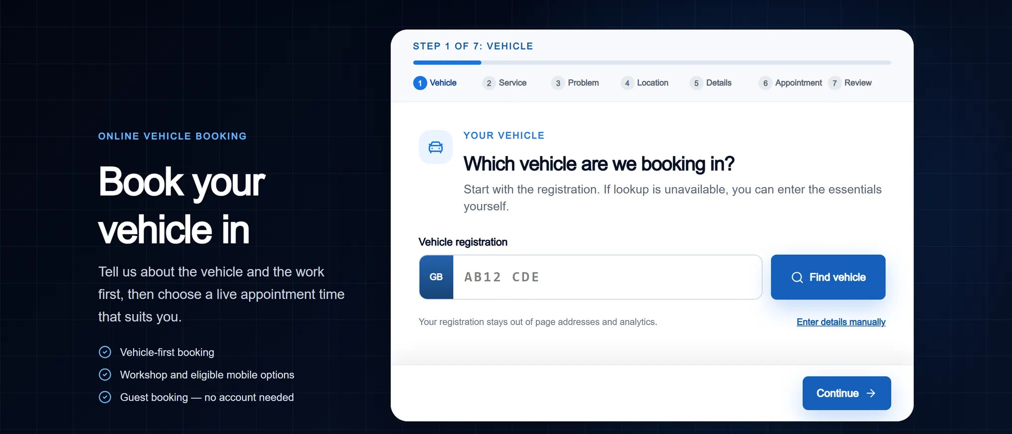 SOB Autofix booking flow, step 1 of 7: the vehicle registration lookup with a manual-entry option